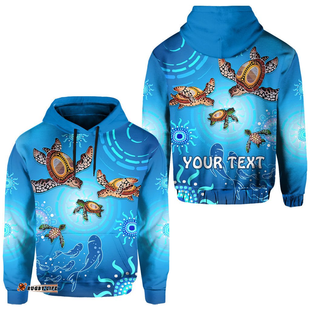 custom personalised australian aboriginal hoodie happy turtle family version blue