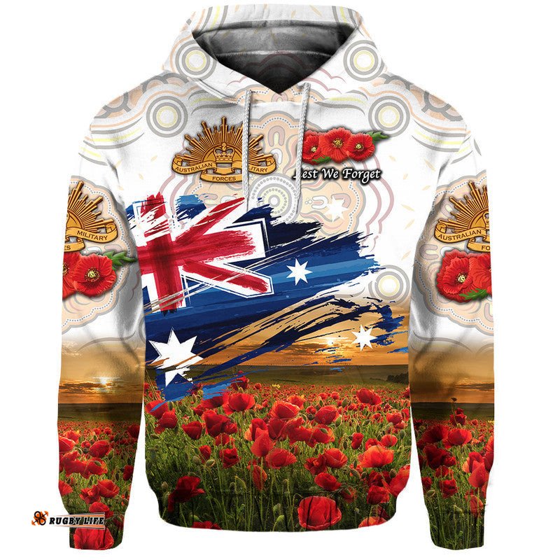 custom personalised australia aboriginal anzac zip up and pullover hoodie poppy vibes white