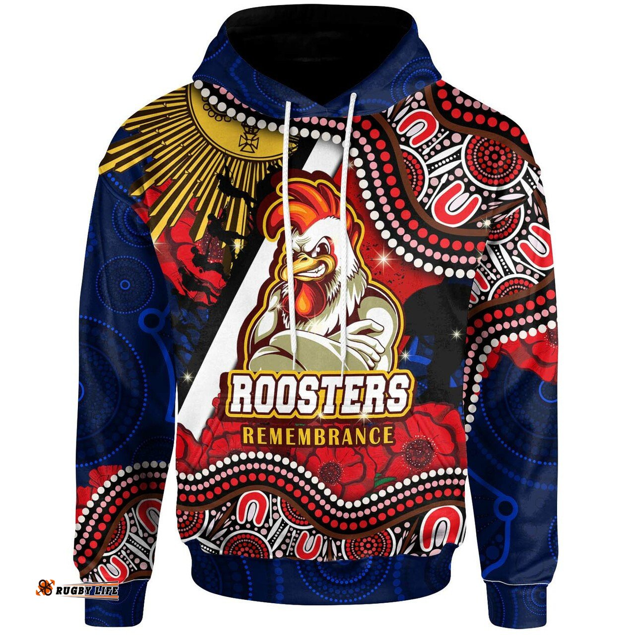 roosters rugby hoodie custom anzac day sydney roosters aboriginal culture hoodie rlt13