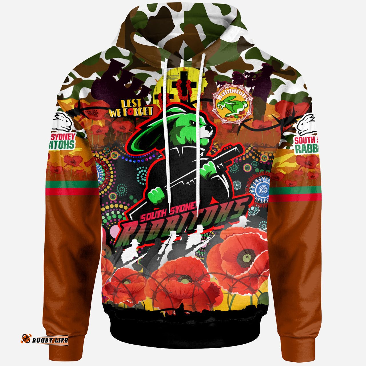 rabbitohs rugby custom camouflage anzac poppy hoodie souths anzac lest we forget spirit rlt13