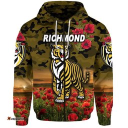custom personalised richmond tigers anzac zip up and pullover hoodie poppy vibes black