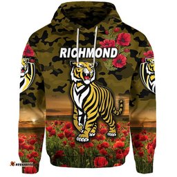 custom personalised richmond tigers anzac zip up and pullover hoodie poppy vibes black