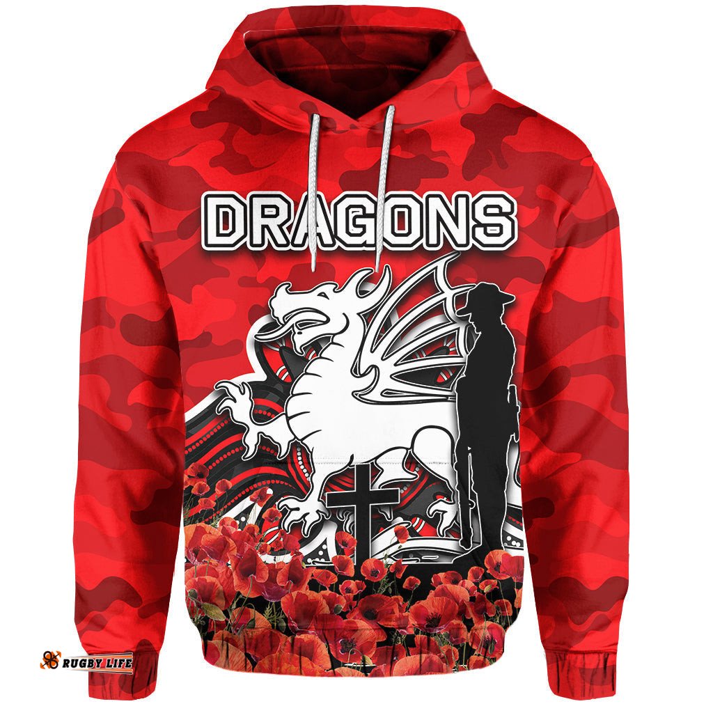 st george dragons hoodie anzac day poppy flowers with army patterns