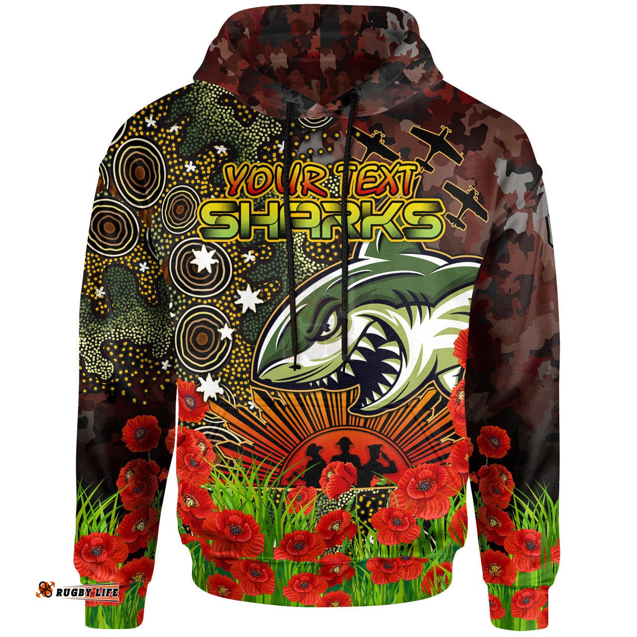 sharks rugby hoodie custom anzac sharks with remembrance poppy and indigenous patterns hoodie rlt13