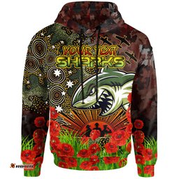 sharks rugby hoodie custom anzac sharks with remembrance poppy and indigenous patterns hoodie rlt13