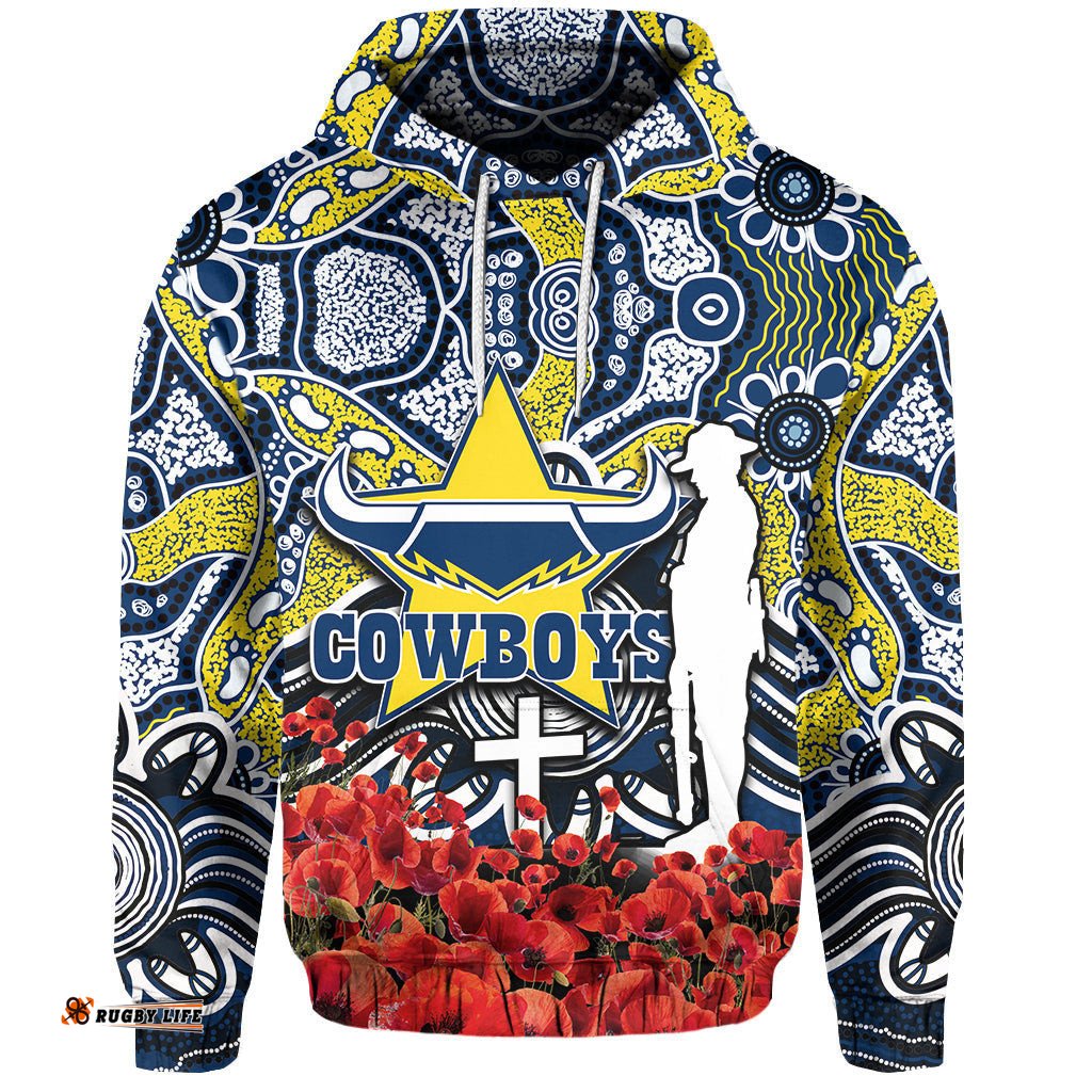 cowboys hoodie anzac day poppy flowers with aboriginal