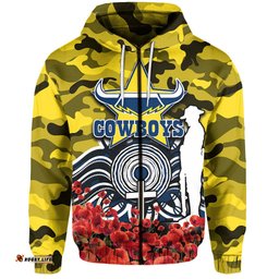 north queensland cowboys hoodie anzac day poppy flowers with army patterns
