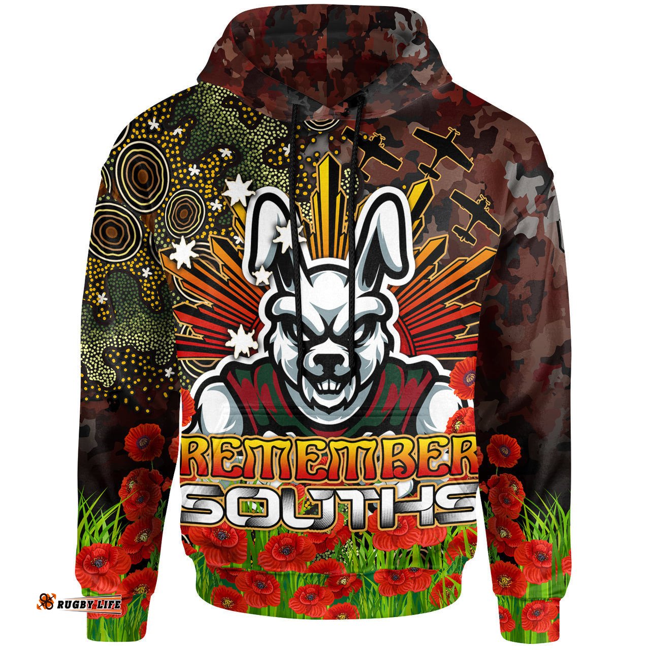 rabbitohs rugby hoodie anzac souths with remembrance poppy and indigenous patterns hoodie rlt13