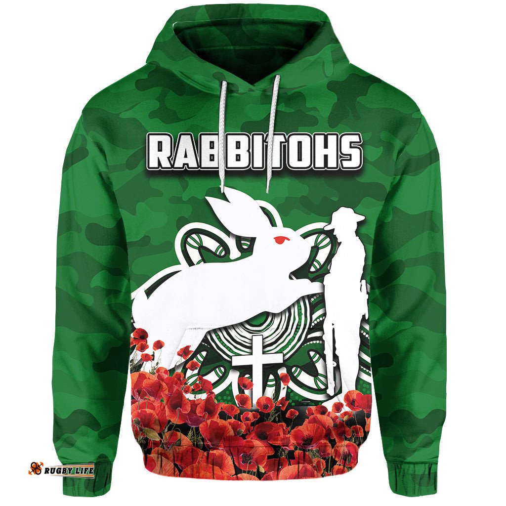 south sydney rabbitohs hoodie anzac day poppy flowers with army patterns