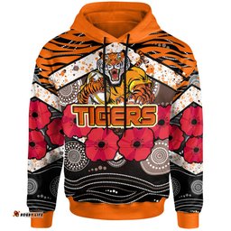 tigers rugby hoodie aboriginal tiger skin texture anzac day tiger with poppy hoodie