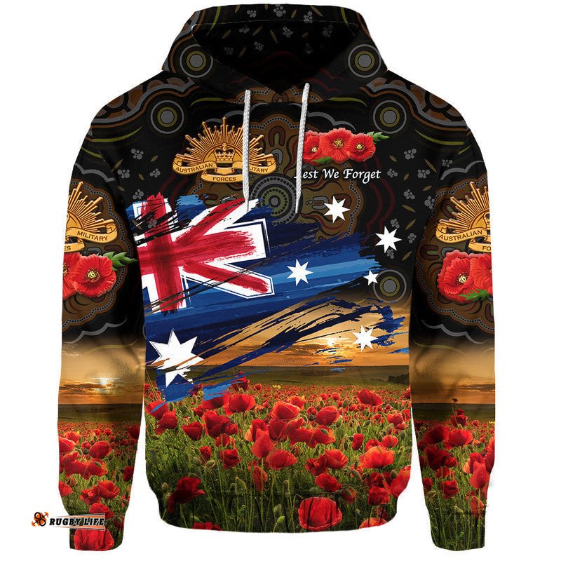 custom personalised australia aboriginal anzac zip up and pullover hoodie poppy vibes black