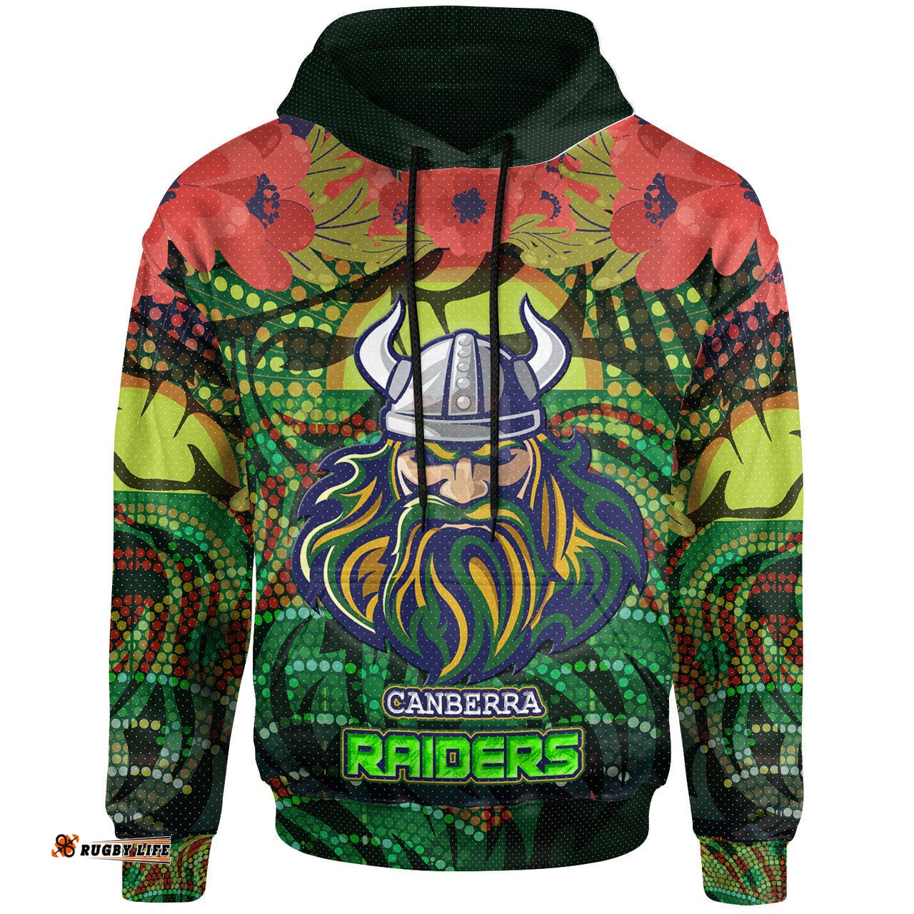 raiders rugby hoodie aboriginal dot art canberra raiders with poppy flower hoodie