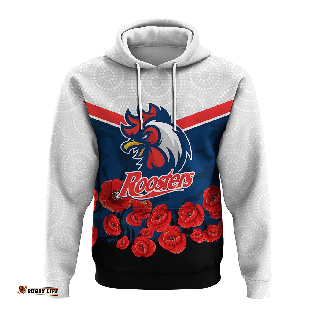 roosters anzac day hoodie indigenous art