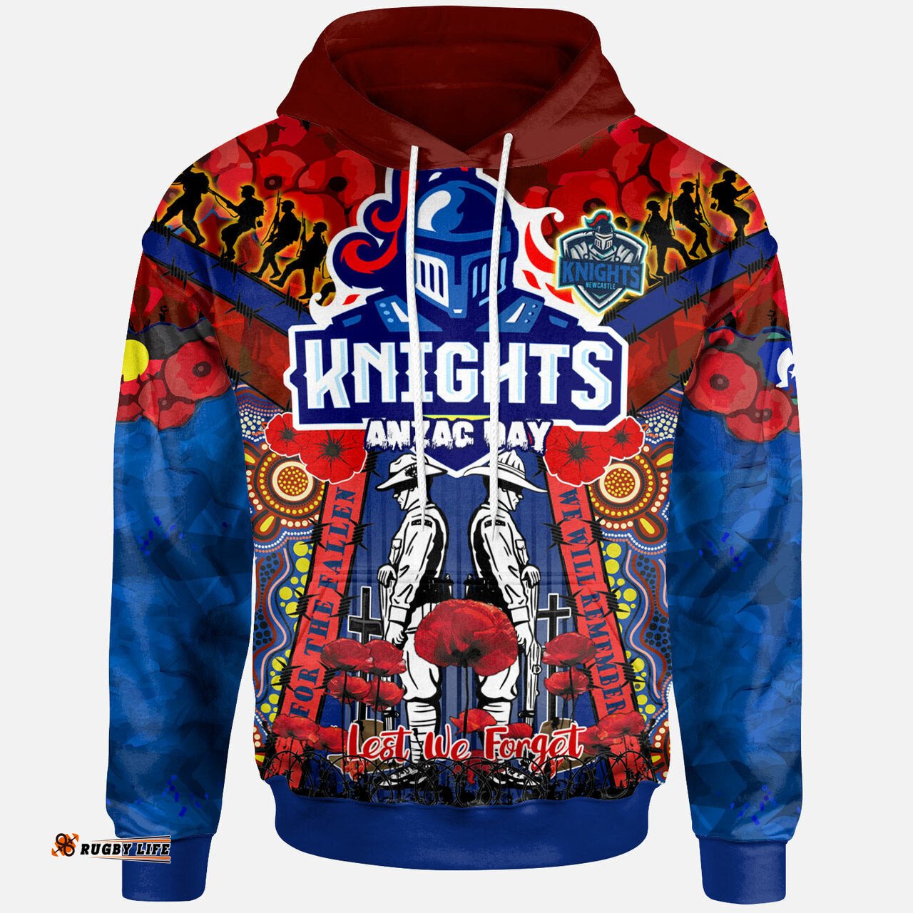 knights rugby anzac custom watercolour hoodie remembrance indigenous newcastle knights with poppy flower
