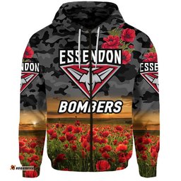 essendon bombers anzac zip up and pullover hoodie poppy vibes black