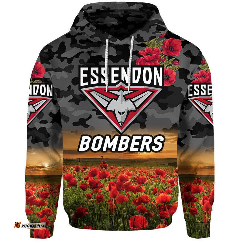essendon bombers anzac zip up and pullover hoodie poppy vibes black