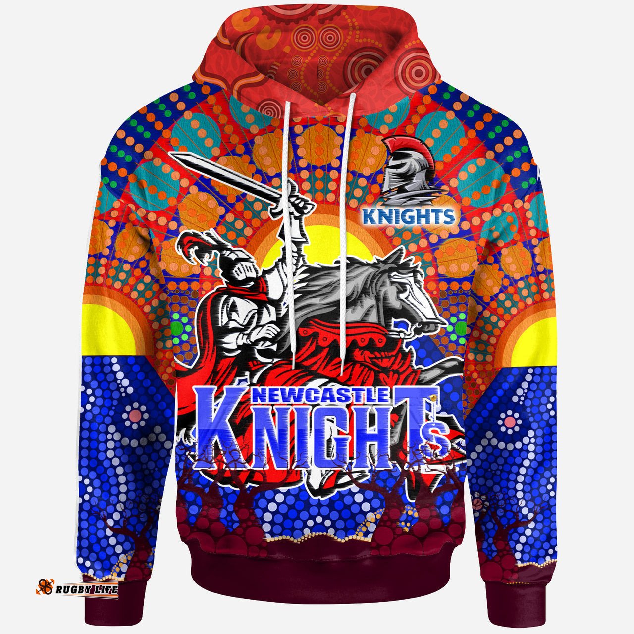 knights rugby custom hoodie the indigenous knights watercolor dot painting with aboriginal sun rlt13
