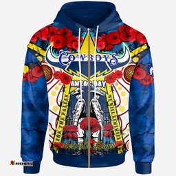 cowboys anzac day watercolour rugby hoodie custom remembrance cowboys with poppy flower rlt13