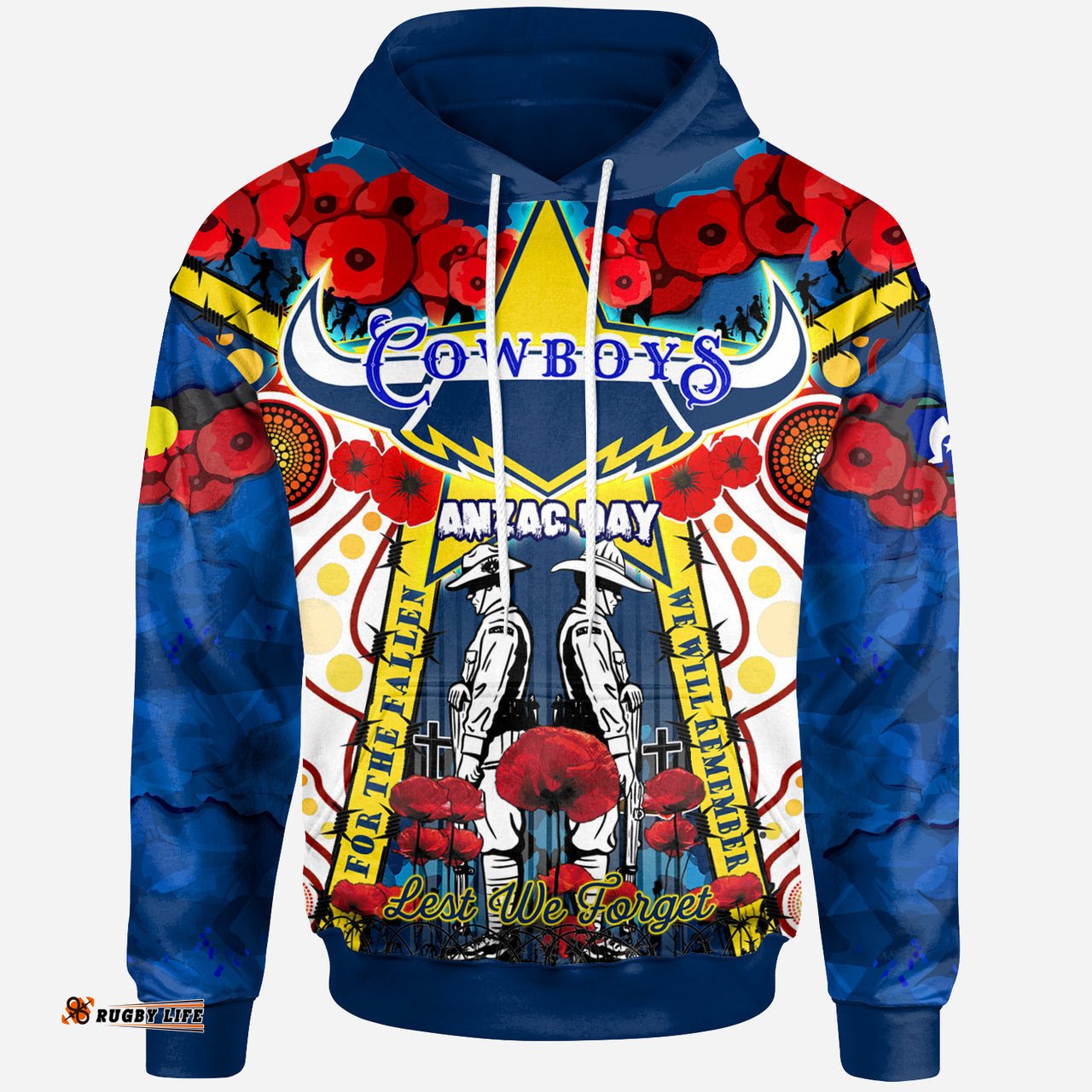 cowboys anzac day watercolour rugby hoodie custom remembrance cowboys with poppy flower rlt13