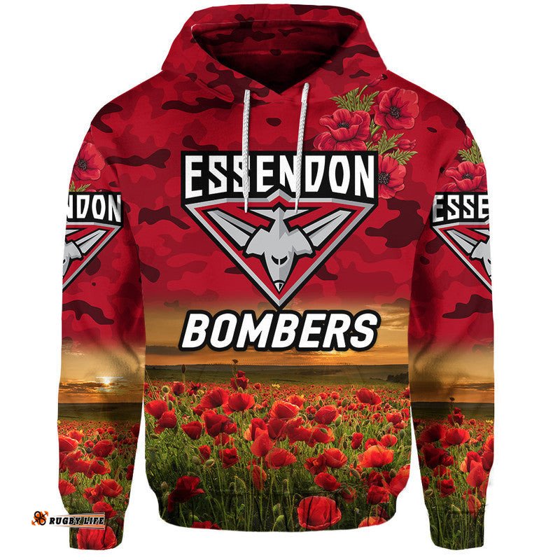 essendon bombers anzac zip up and pullover hoodie poppy vibes red