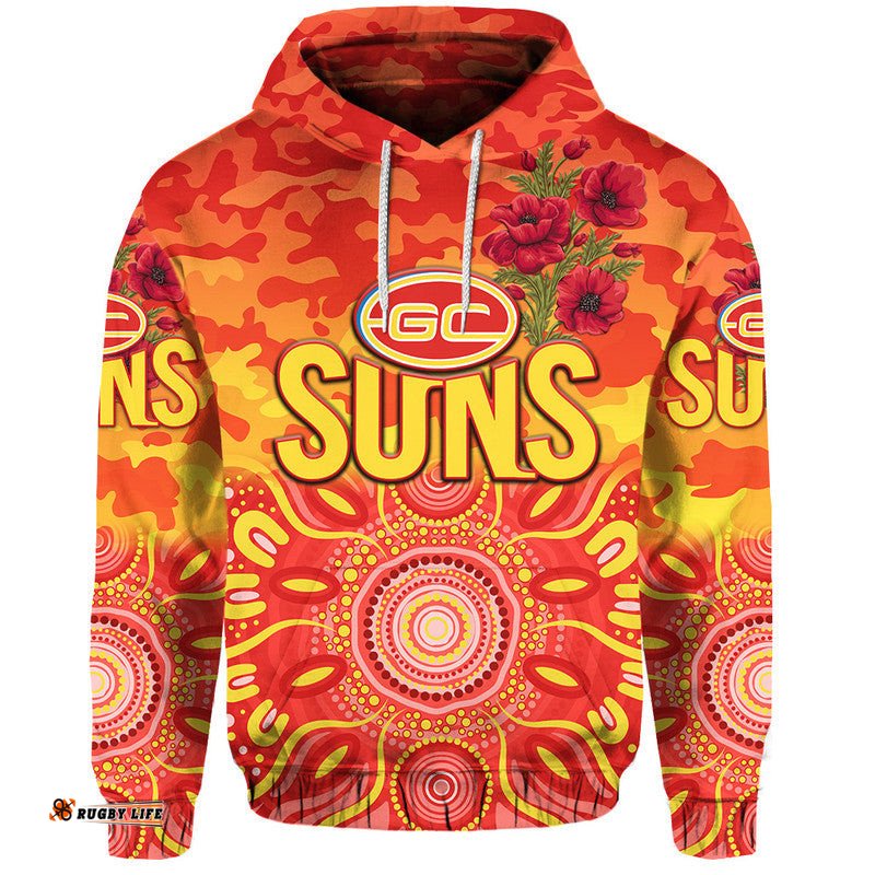 custom personalised gold coast suns anzac zip up and pullover hoodie indigenous vibes