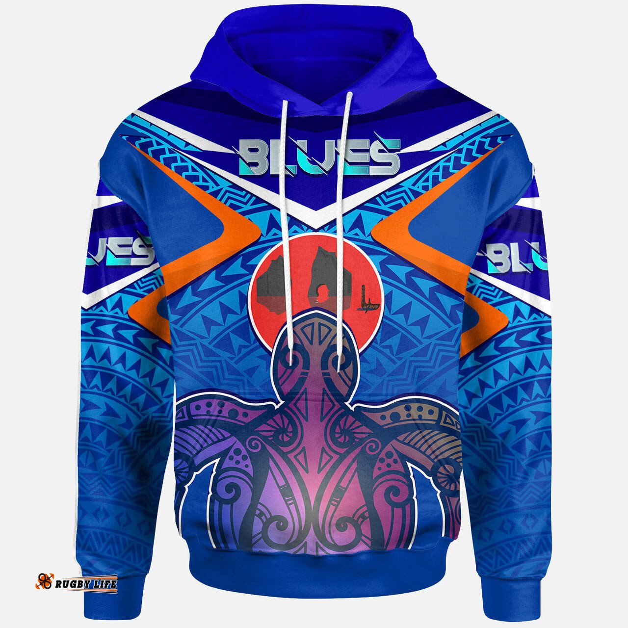 blues rugby custom polynesian hoodie auckland blues rugby with wharariki beach and maori sea turtle