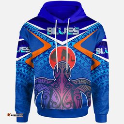blues rugby custom polynesian hoodie auckland blues rugby with wharariki beach and maori sea turtle