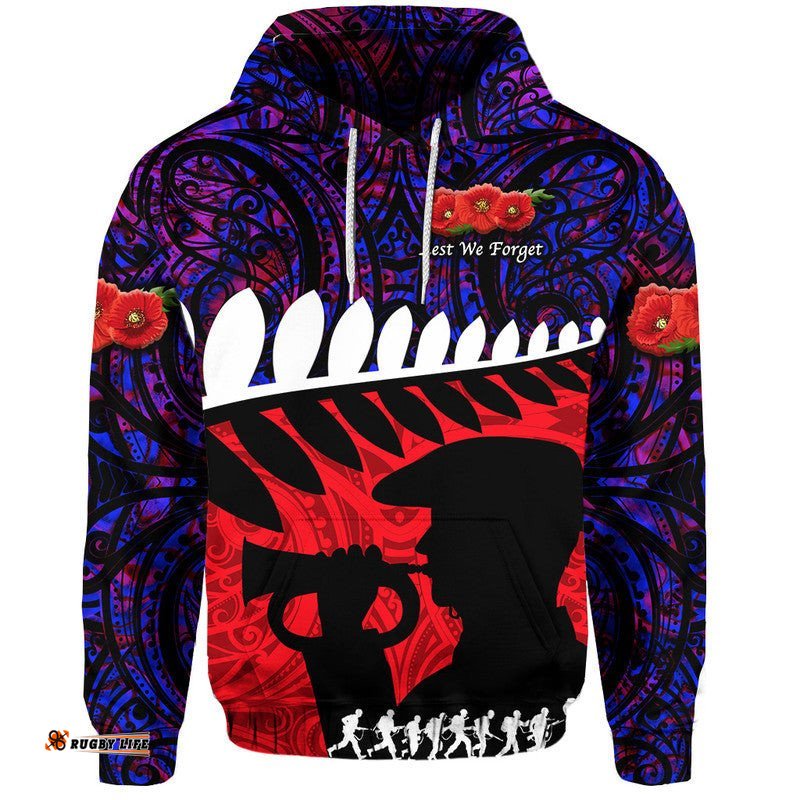 custom personalised new zealand maori anzac zip up and pullover hoodie remembrance soldier purple
