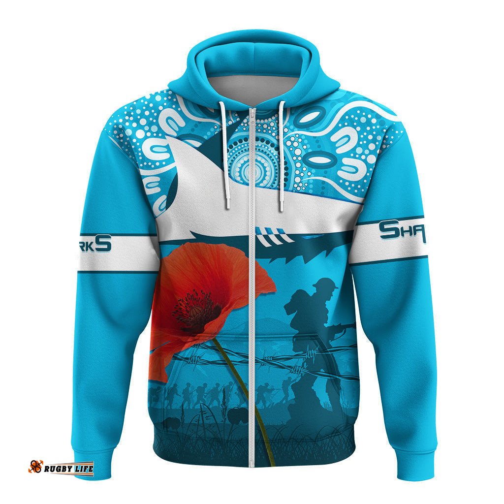 sharkies rugby hoodie anzac day barb wire style