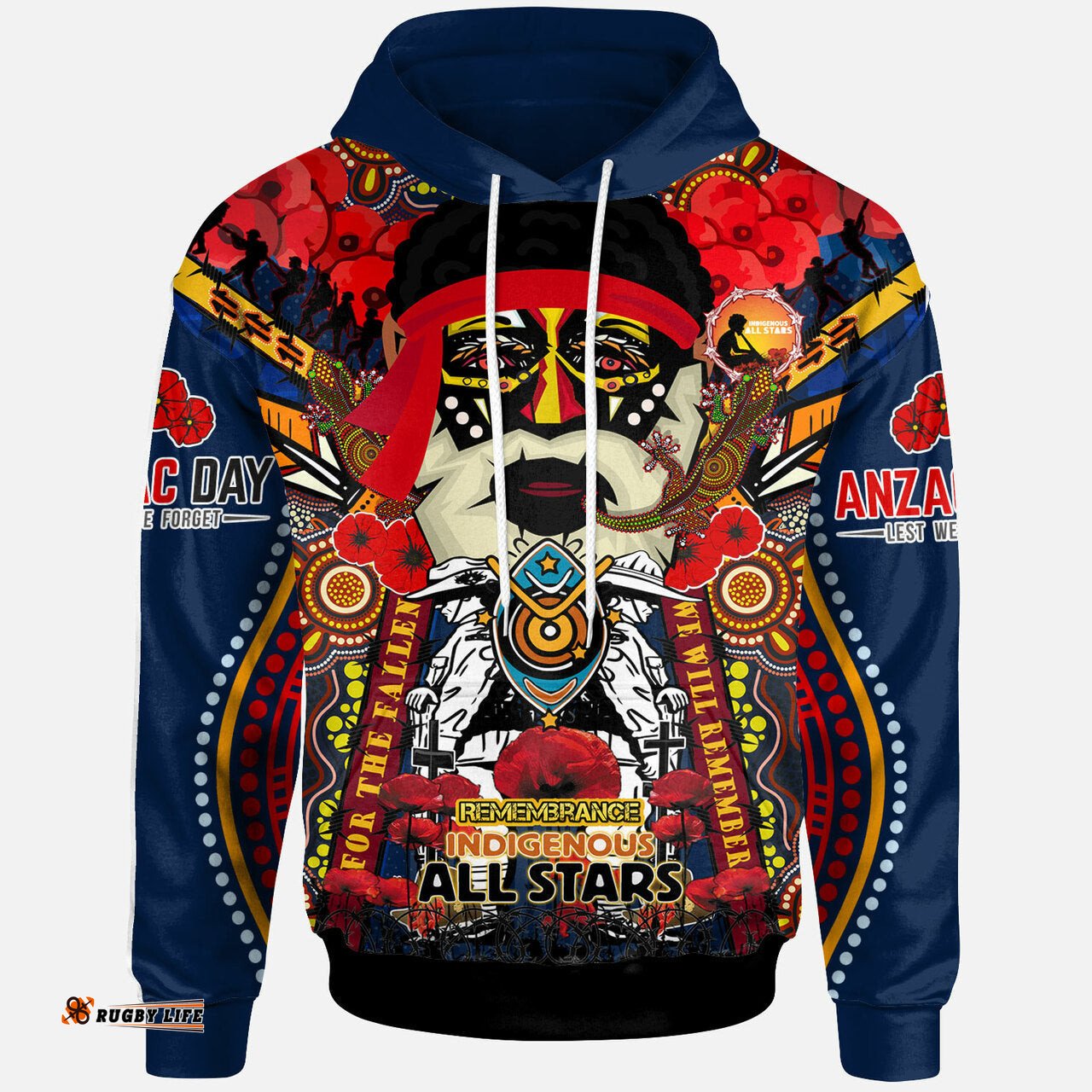 all stars rugby aboriginal anzac custom watercolour hoodie remembrance indigenous dreamtime with poppy flower