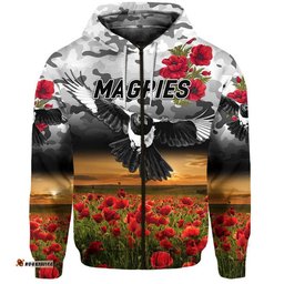 collingwood magpies anzac zip up and pullover hoodie poppy vibes