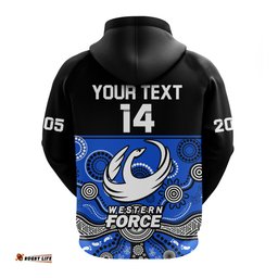 custom text and number western force super rugby hoodie est 2005 indigenous art