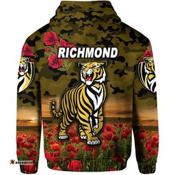 richmond tigers anzac zip up and pullover hoodie poppy vibes black