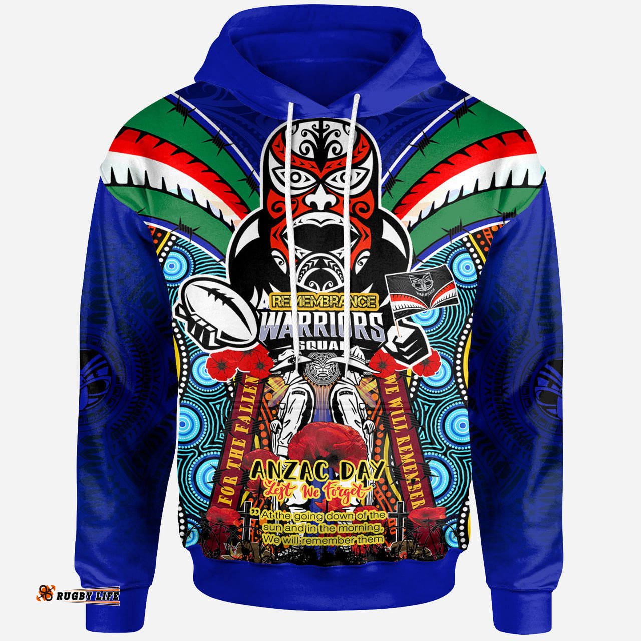 warriors rugby custom anzac hoodie remembrance warriors with maori mask and aboriginal patterns home and away