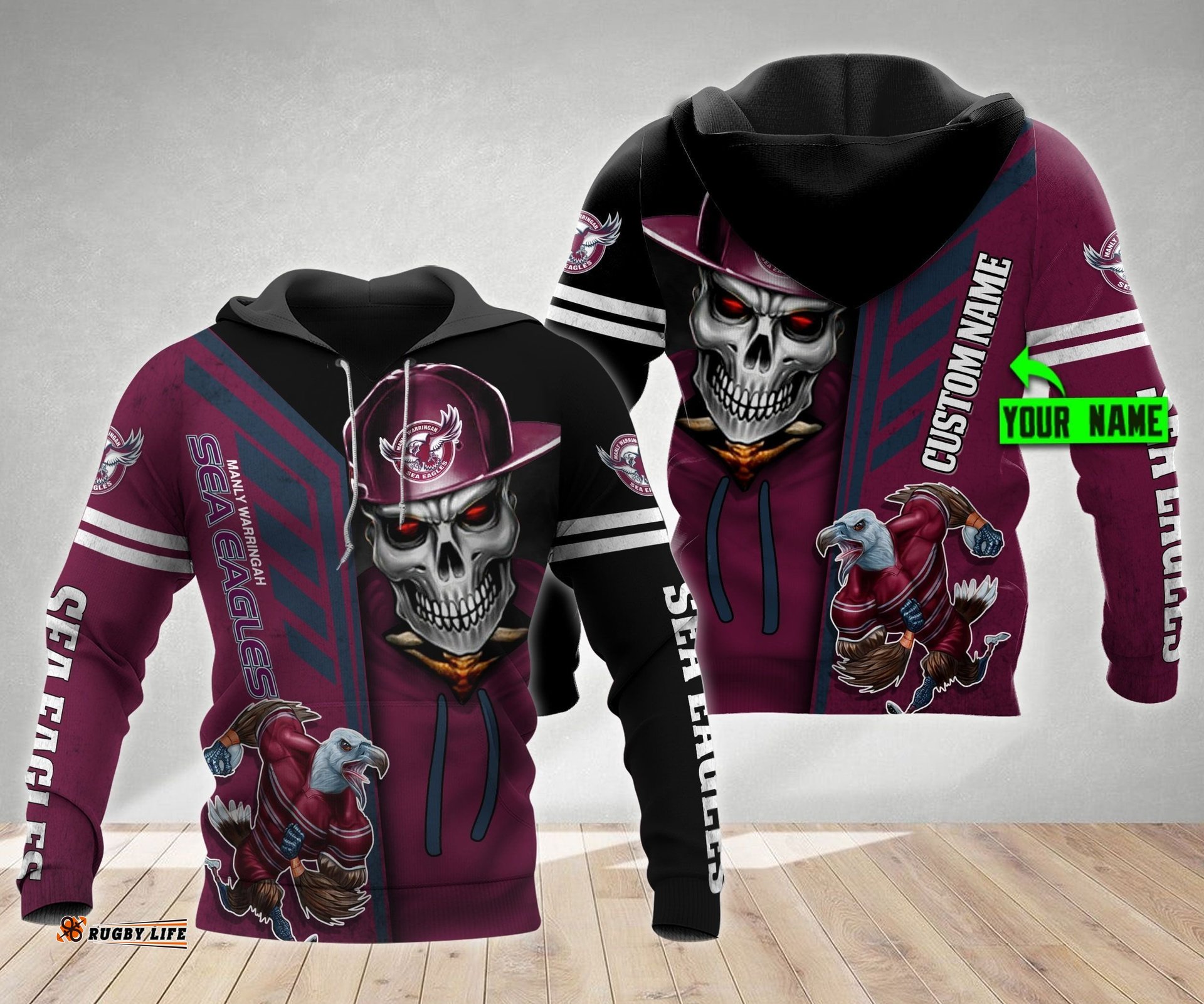 manly warringah sea eagles nrl skull cap personalized custom 3d hoodie