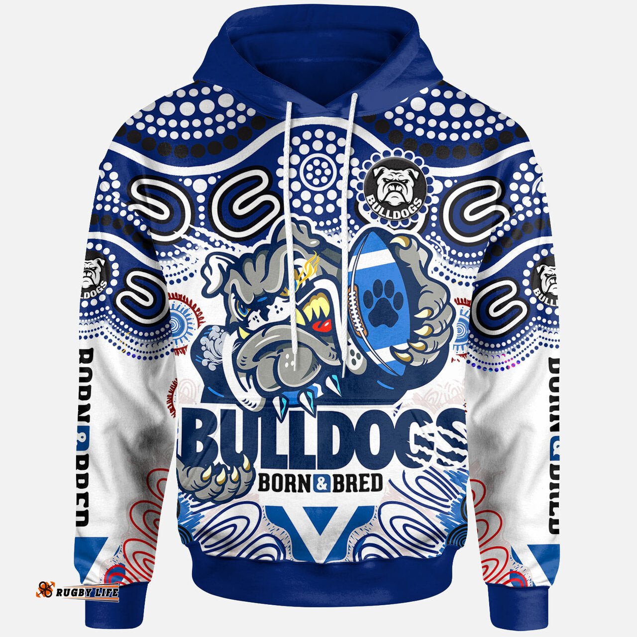 bulldogs rugby born bred hoodie custom indigenous bulldogs with rugby ball and aboriginal patterns