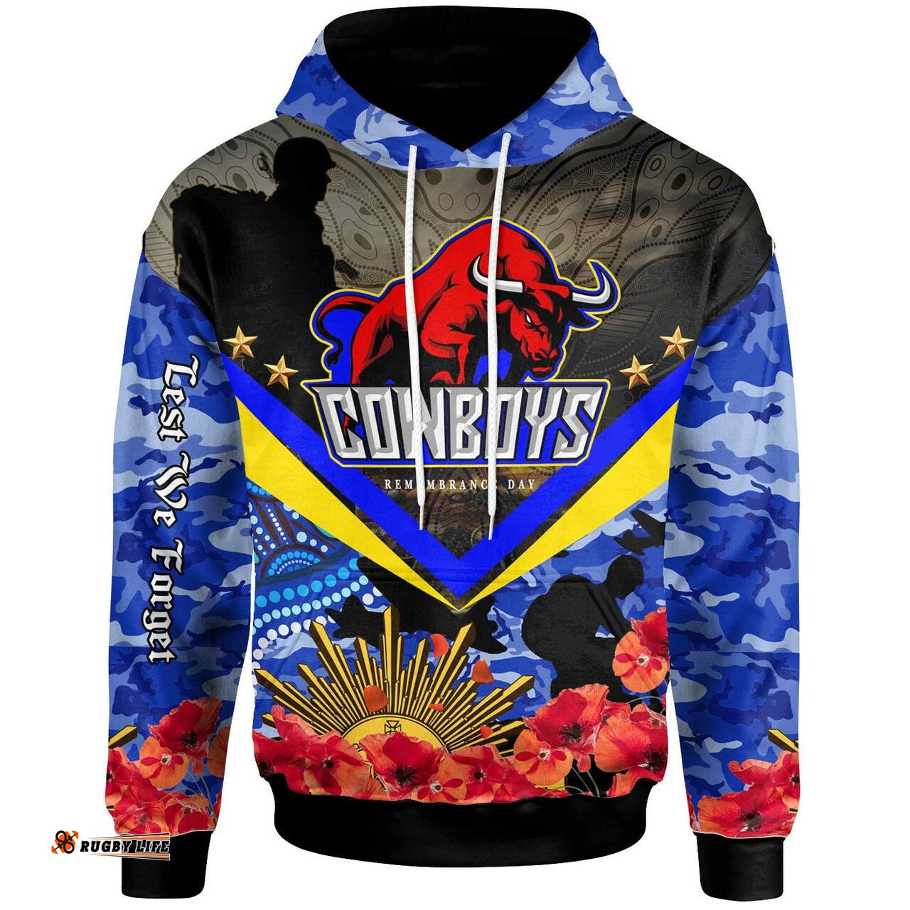 cowboys rugby hoodie aboriginal anzac day cowboys with poppy flower indigenous hoodie