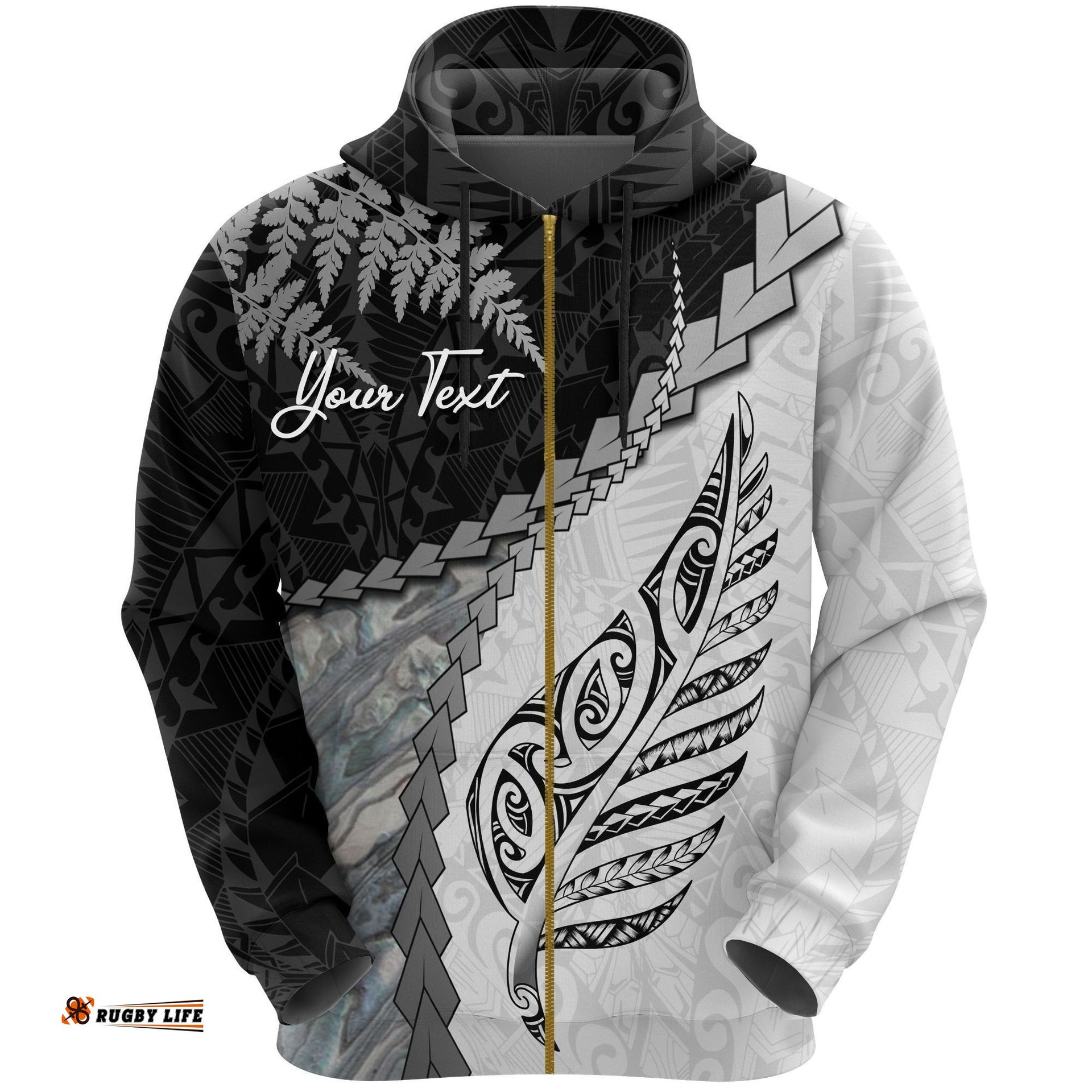 custom paua shell maori silver fern zip hoodie white