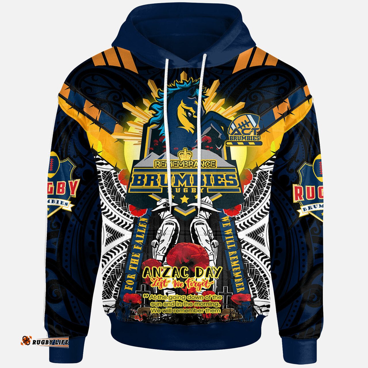 brumbies rugby custom hoodie remembrance canberra act brumbies with indigenous patterns and poppy flowers