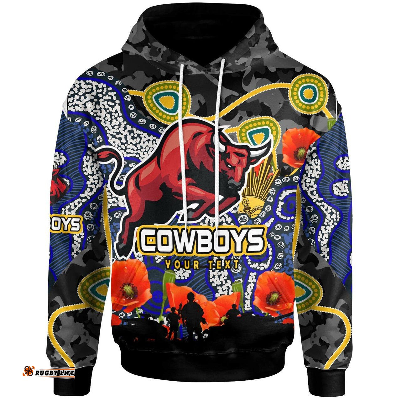cowboys rugby hoodie custom anzac day north queensland cowboys aboriginal culture hoodie