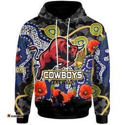 cowboys rugby hoodie custom anzac day north queensland cowboys aboriginal culture hoodie