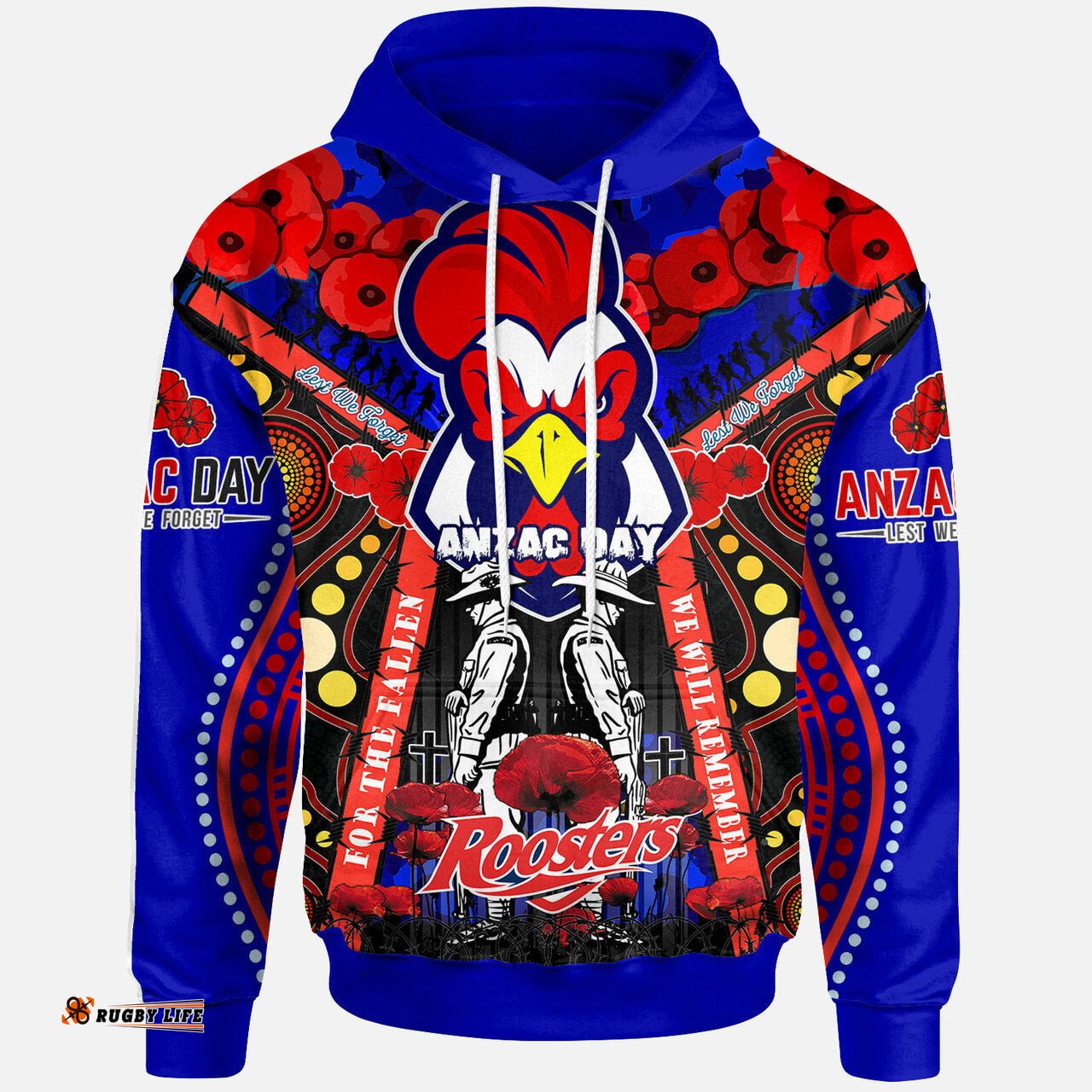 roosters rugby anzac day watercolour hoodie custom remembrance roosters with poppy flower