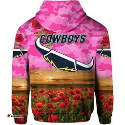 north queensland cowboys anzac zip up and pullover hoodie poppy flowers vibes pink