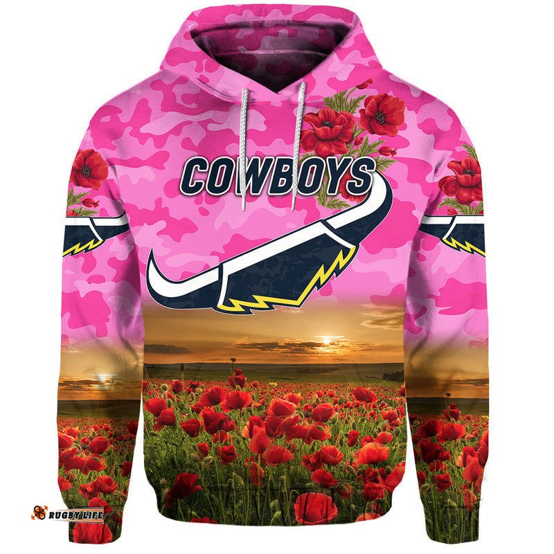 north queensland cowboys anzac zip up and pullover hoodie poppy flowers vibes pink
