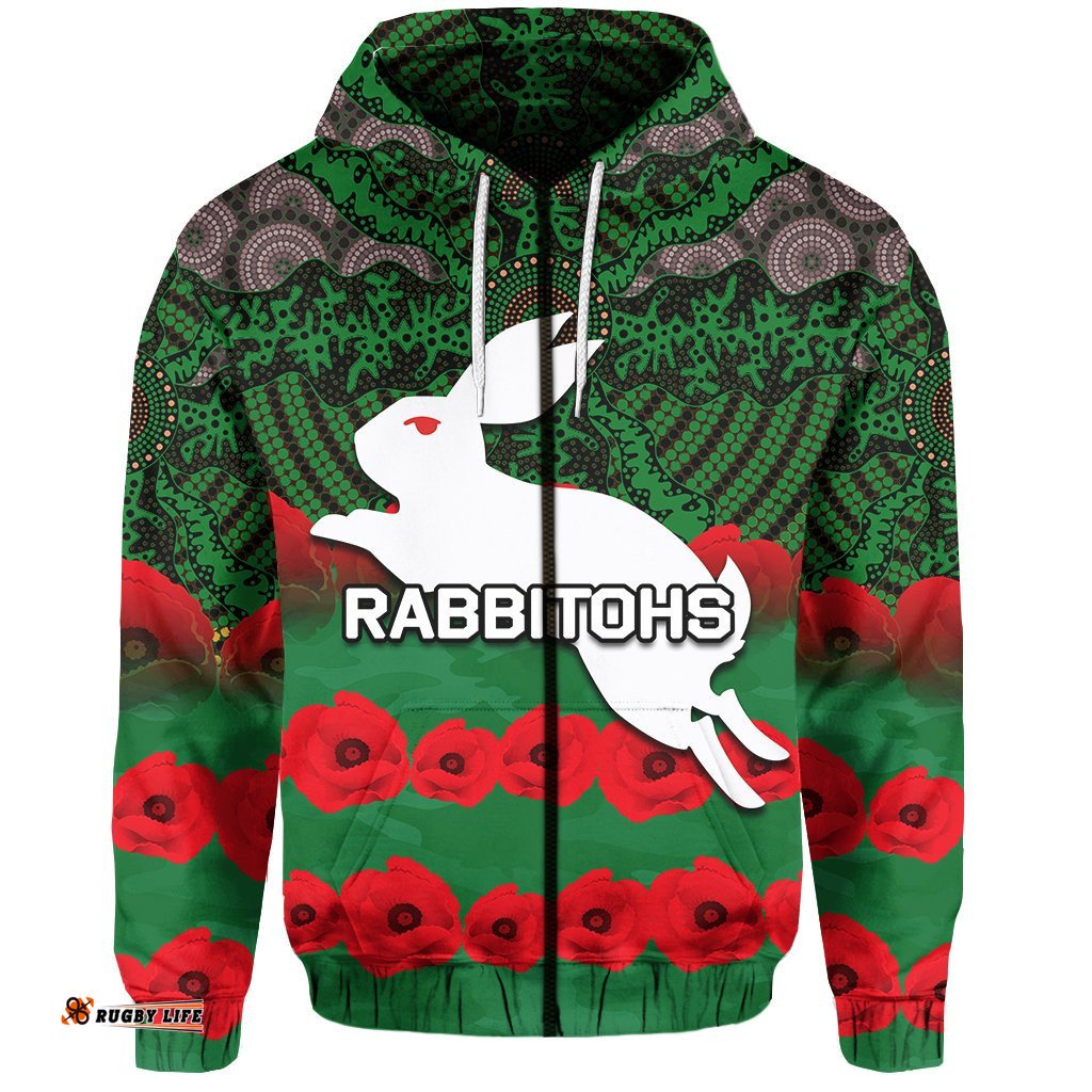 rabbitohs zip hoodie aboriginal with poppy flower anzac day