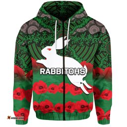 rabbitohs zip hoodie aboriginal with poppy flower anzac day