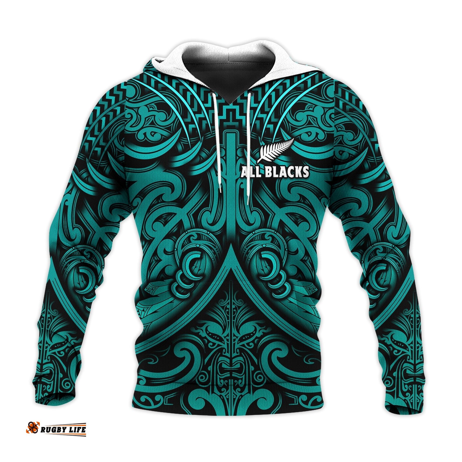 new zealand silver fern rugby hoodie all black turquoise nz maori pattern
