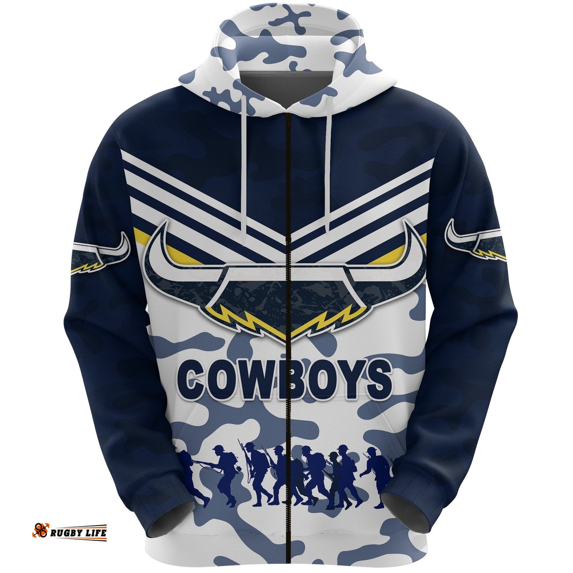 north queensland cowboys zip hoodie anzac day camouflage vibes white