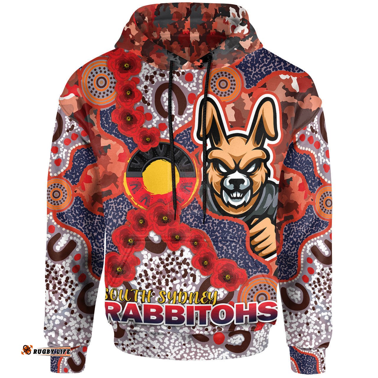 rabbitohs rugby hoodie custom anzac south sydney rabbitohs with aboriginal poppy flowers hoodie