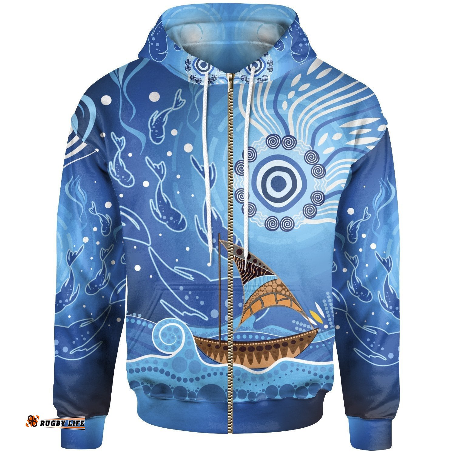 zip up hoodie aboriginal view sea with fish and boat